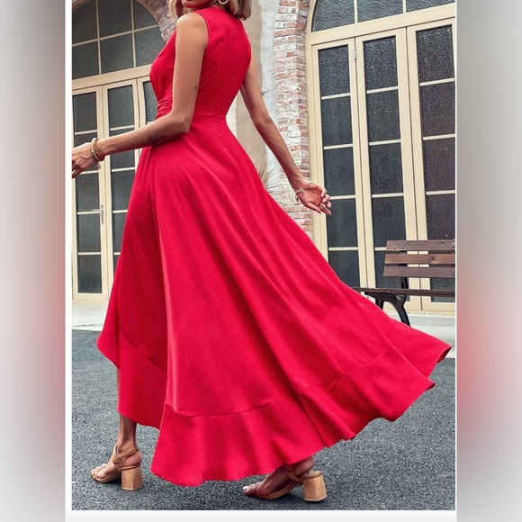 LAST ONE 🔥 A- Line High Low Ruffle Hem Dress Red* - Picture 2 of 8